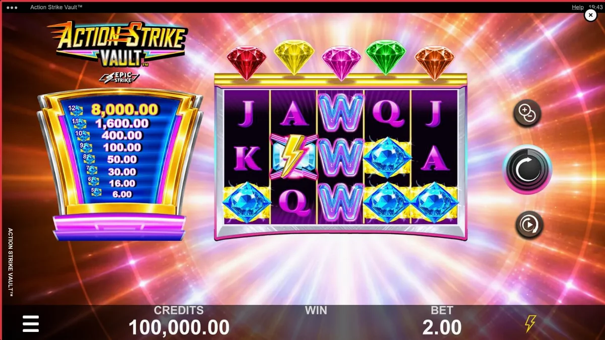 Interface do jogo Action Strike Vault com elementos espaciais e de cassino