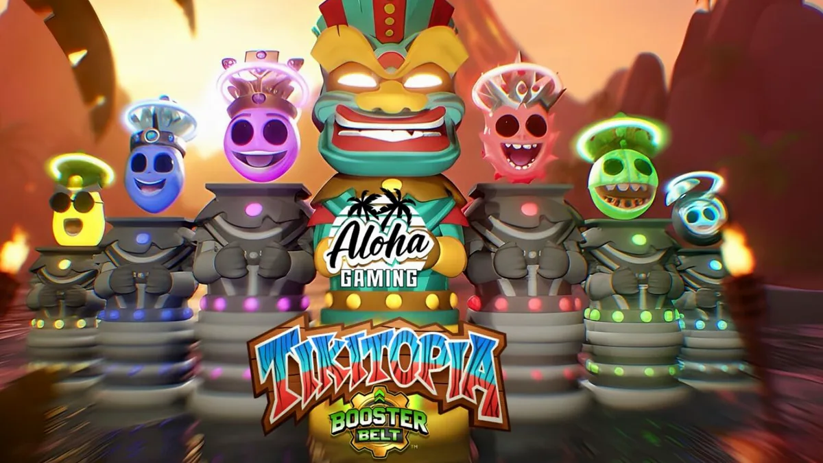 Interface vibrante do slot Tikitopia BoosterBelt com o totem Big'Um Tiki