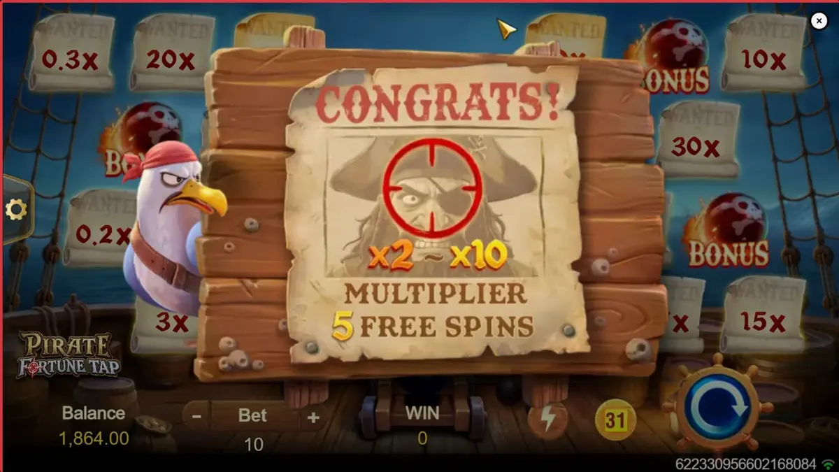 Cena de ação no convés de um navio pirata em Pirate Fortune Tap